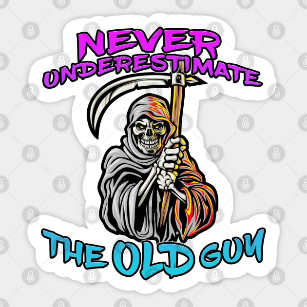 Never Underestimate The Old Guy Reaper Blue Sticker by Shawnsonart